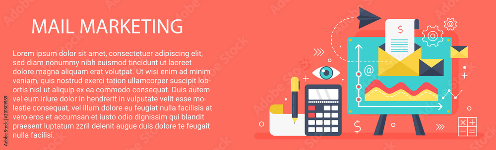 Flat modern vector concept Mail marketing banner with icons and text.