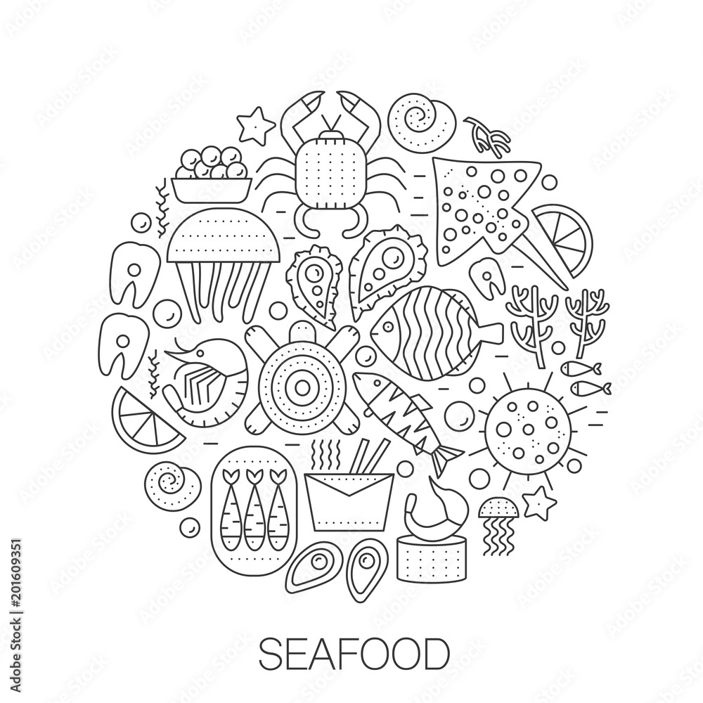Seafood in circle - concept line illustration for cover, emblem, badge. Sea food thin line stroke icons set.