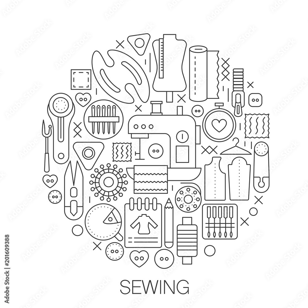 Sewing in circle - concept line illustration for cover, emblem, badge. Sewing thin line stroke icons set.