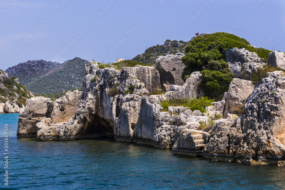 Flooded ancient Lycian city as a result of the earthquake city. Near the city of Simena in the vicinity of Kekova Turkey.
