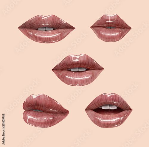 Nude sensual juicy lips collection. Mouth set. Vector lipstick or lip gloss. Gentle pink dusty rose colors