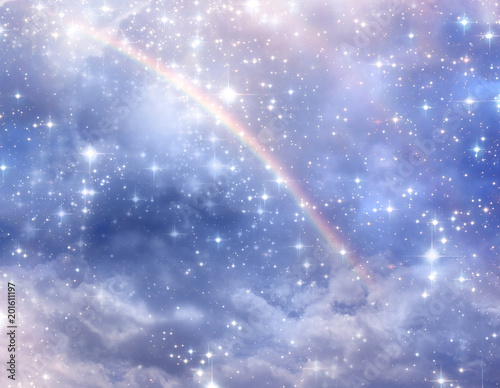Valokuva divine, mystical, angelic blue background with cloudy sky, rays of light and sta