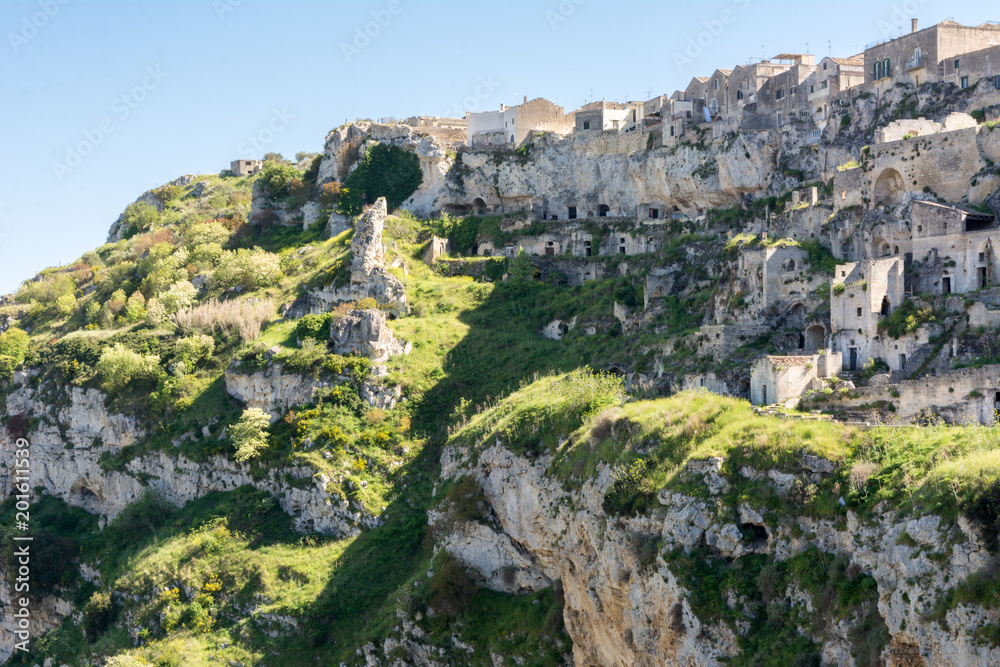 Horizontal View of the Sassi of Matera on Blue Sky Background. Matera, South of Italy