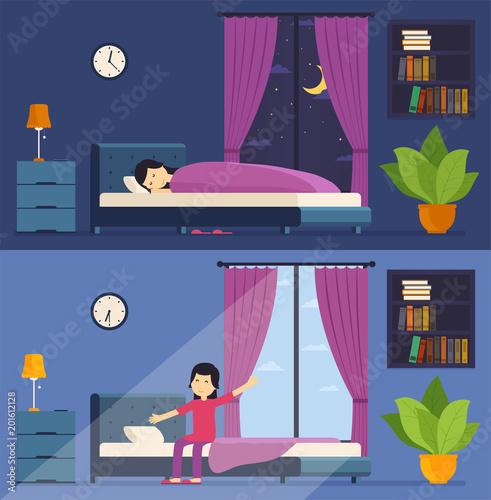 Woman sleeps in bed at night and wakes up in the morning.