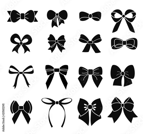 Fotobehang Vector illustration set of black and white bows in silhouette, different types and shapes of ribbons