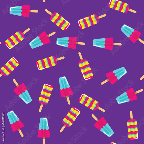 Pattern ice cream on stick on purple background. Seamless pattern fruit and milk ice cream eskimo.