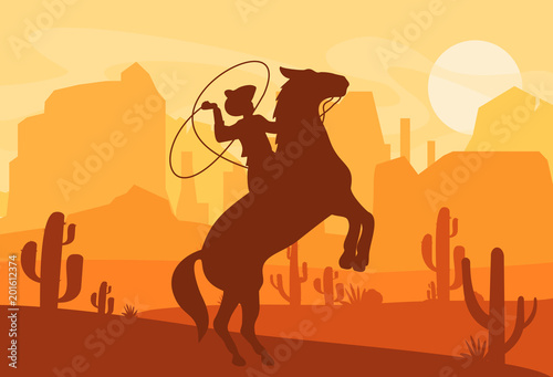 Vector illustration of silhouette of cowboy catching wild horse at sunset with beautiful Wild west Texas desert on background in flat style.