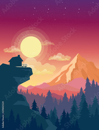 Vector illustration of house on top of mountain with beautiful sunset in mountains landscape on background, sun and clouds in sky in flat style.