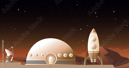 Vector illustration of spaceship on Mars or another planet. A rocket and space station on space background. Space travel concept.