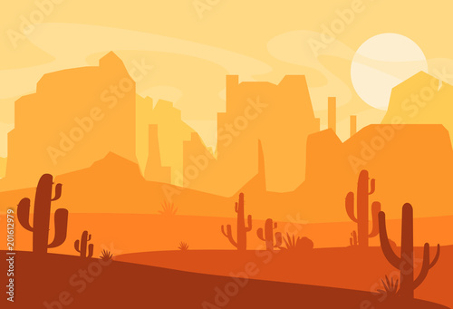 Fototapeta Wektorowa ilustracja Zachodnia Teksas pustyni sylwetka. Dziki zachód ameryka scena z zachód słońca w pustyni z góry i kaktus w stylu kreskówka płaski.