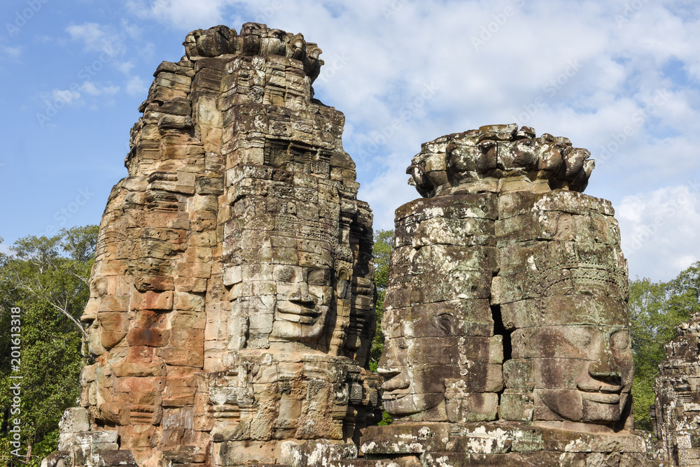 Faces of Bayon temple in Angkor Thom at Siemreap, Cambodia.