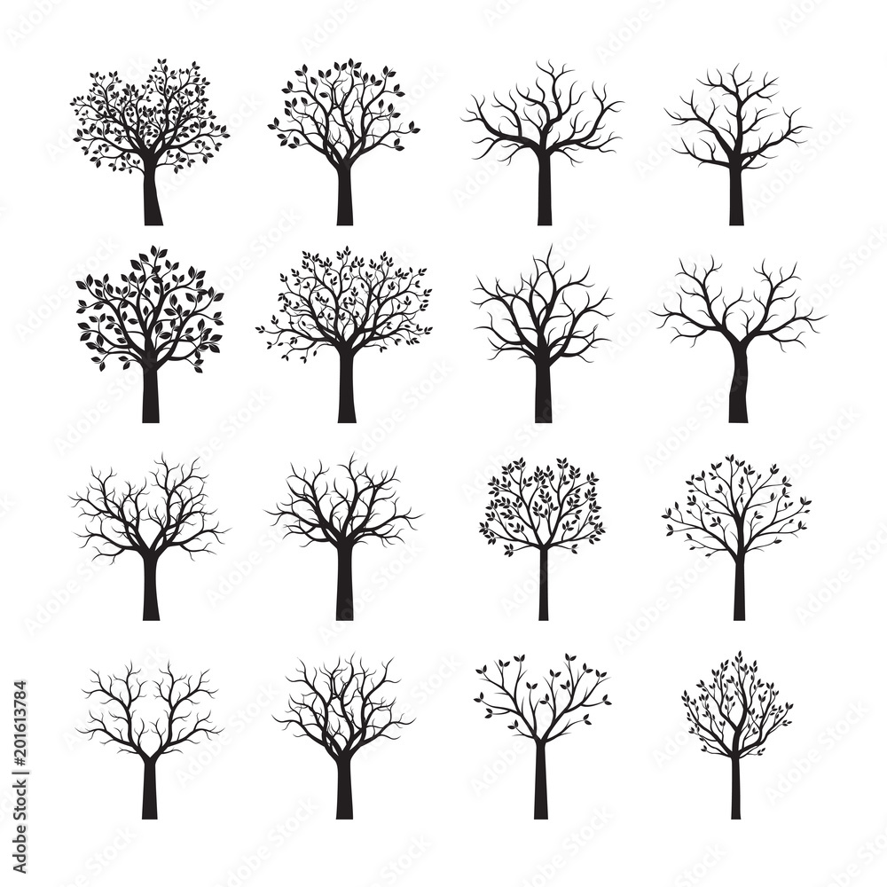 Obraz premium Set Black Trees with Leaves. Vector Illustration.