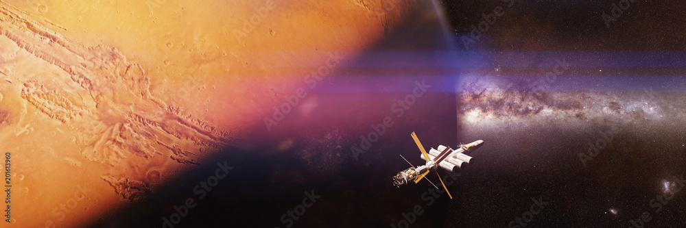 Obraz premium spaceship in orbit of the red planet Mars, journey through the solar system
