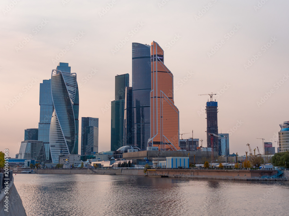 Fototapeta premium MOSCOW - OCTOBER 14: Moscow Modern buildings of glass and steel skyscrapers against the sky on October 14, 2017 in Moscow, Russia