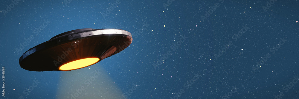 UFO, alien spaceship with light beam in night sky, flying saucer with blue star background (3d illustration banner) UFO, alien spaceship with light beam in night sky, flying saucer with blue star background (3d illustration banner)