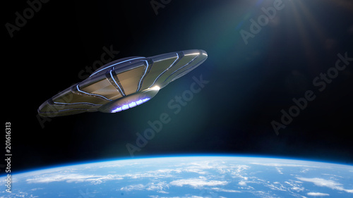 Fototapeta Naklejka Na Ścianę i Meble -  UFO, alien spaceship in orbit of planet Earth, extraterrestrials from outer space in flying saucer