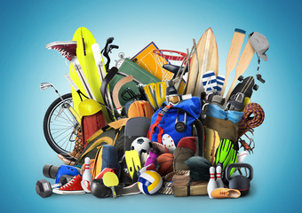 Sports equipment has fallen down in a heap