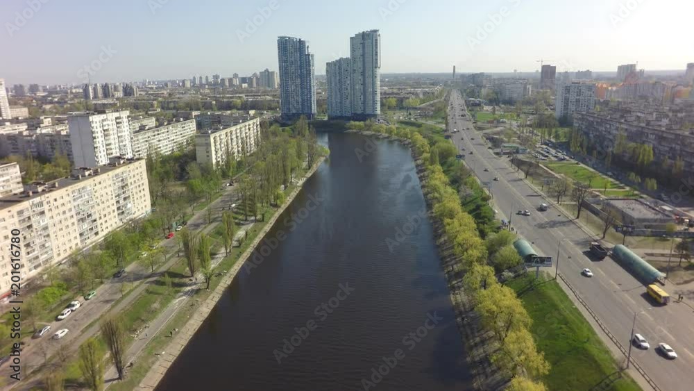 aerial view of Rusanivka channel in Kiev, Ukraine, raw, 4K aerial view of Rusanivka channel in Kiev, Ukraine, raw, 4K