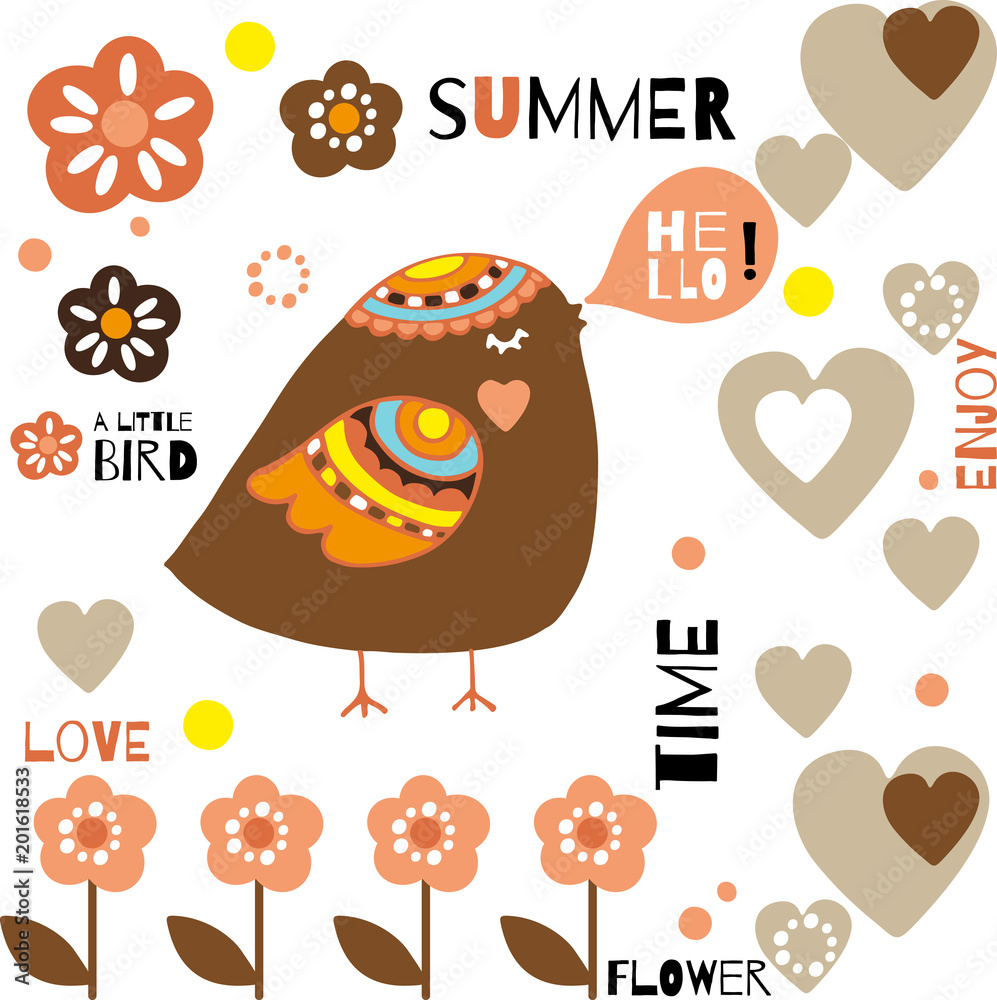 Fototapeta premium Doodle bird abstract poster.Design typography print
