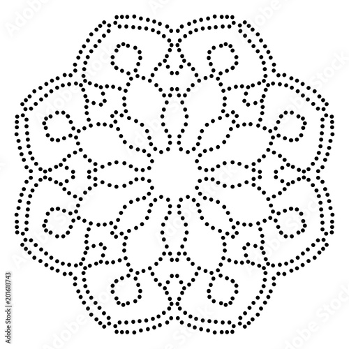 Ornamental round dotted flower isolated on white background. Black halftone mandala. Geometric circle element. Vector illustration.
