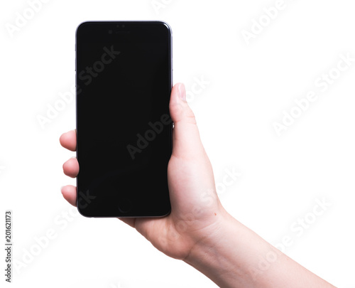 Female hand holding smartphone plus blank black screen