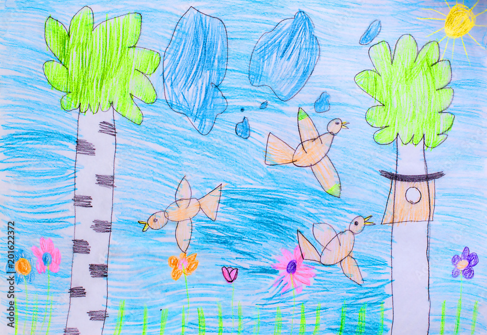 Obraz premium Drawing made by a child. Spring, birds, clouds