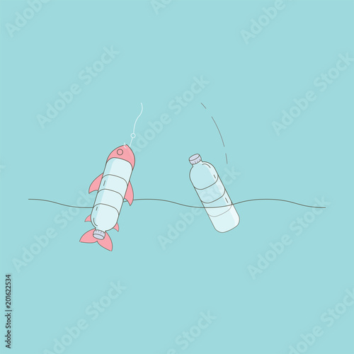 Plastic water bottle leading to plastic debris in the ocean, then are eaten by fish, passing those toxins on to us. Ocean plastic pollution concept. Vector illustration.