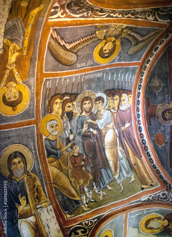 Ancient mural painting in famous Dark Church in Goreme, Cappadocia, Turkey