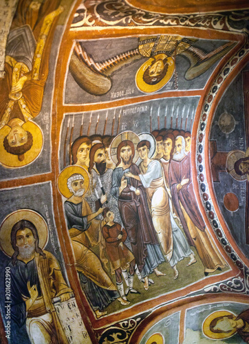 Ancient mural painting in famous Dark Church in Goreme, Cappadocia, Turkey