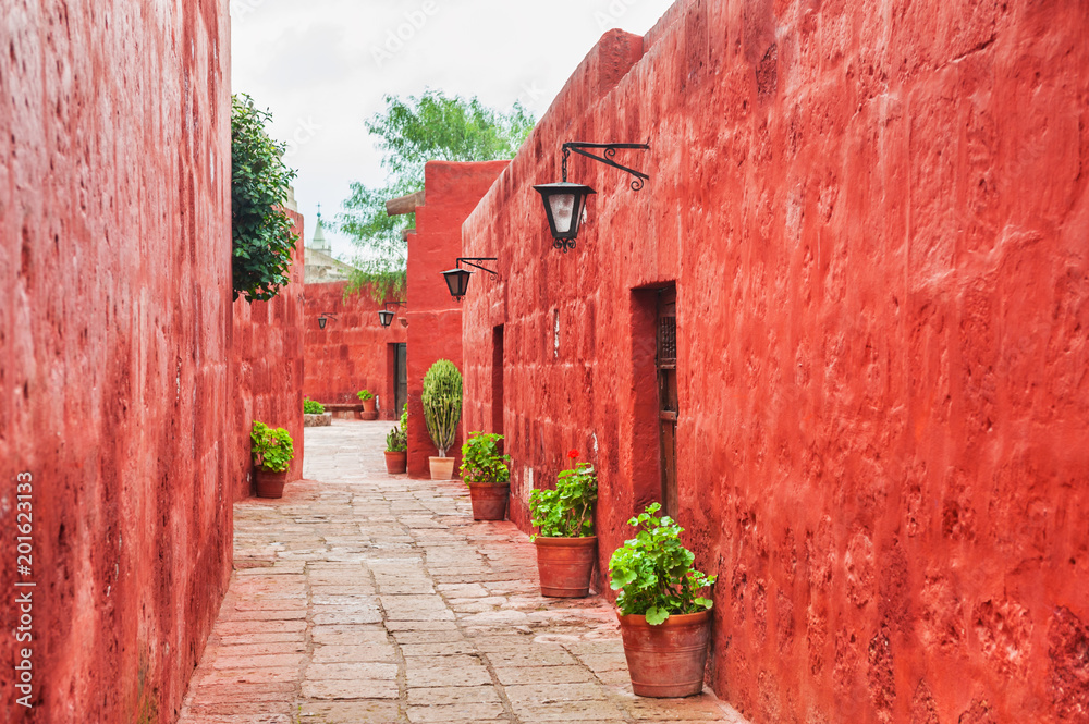 Red walls in Santa Catalina monastery in Arequipa, Peru