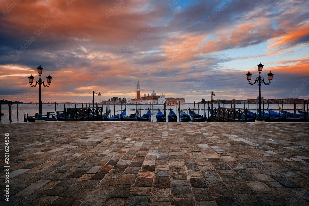 Gondola and San Giorgio Maggiore island sunrise