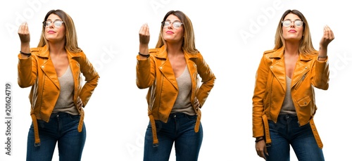 Beautiful young woman angry gesturing typical italian gesture with hand  looking to camera over white background