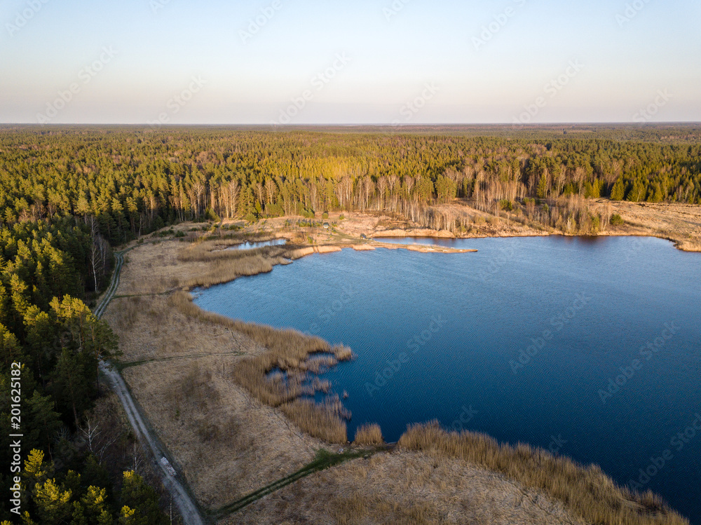 drone image. aerial view of rural area with swamps, lakes and forests