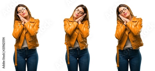 Beautiful young woman tired and bored  tired because of a long day overworking over white background