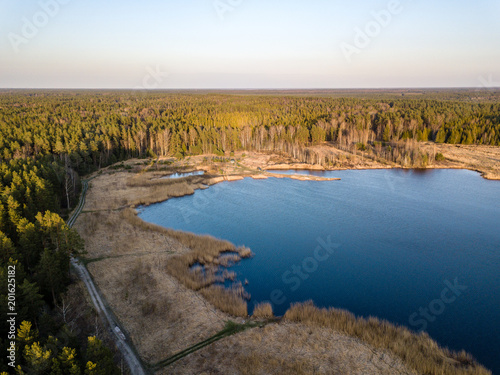 drone image. aerial view of rural area with swamps  lakes and forests