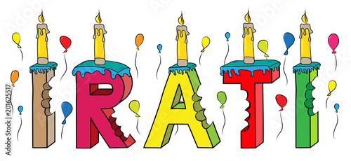 Irati female first name bitten colorful 3d lettering birthday cake with candles and balloons