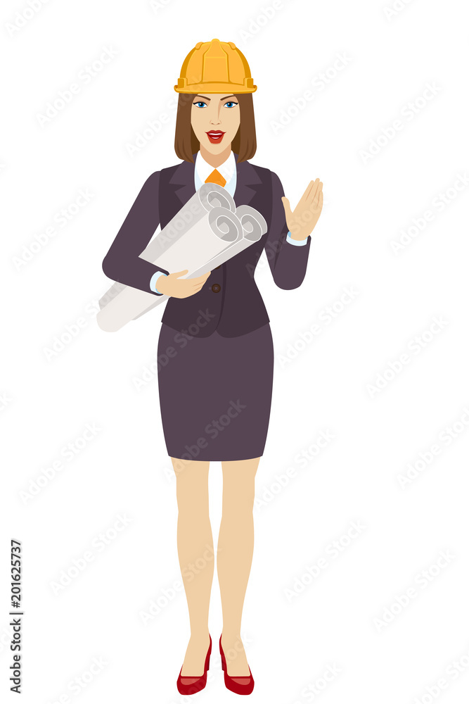 Businesswoman in construction helmet holding the project plans and greeting someone with his hand raised up Businesswoman in construction helmet holding the project plans and greeting someone with his hand raised up
