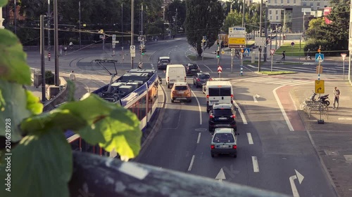 Traffic Time Lapse Darmstadt City Center Germany with Tram Cars and Pedestrians