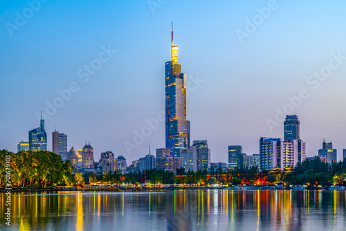 Nanjing Xuanwu Lake Financial District building landscape night view and city skyline