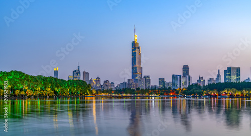 Nanjing Xuanwu Lake Financial District building landscape night view and city skyline