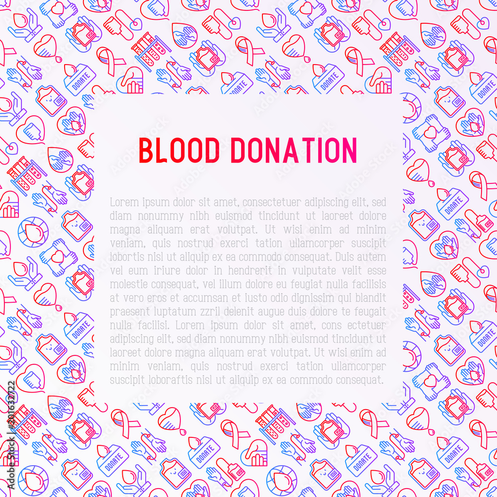 Blood donation, charity, mutual aid concept with thin line icons. Symbols of blood transfusion, medical help and volunteers. Modern vector illustration, poster, print media for World donor's day.