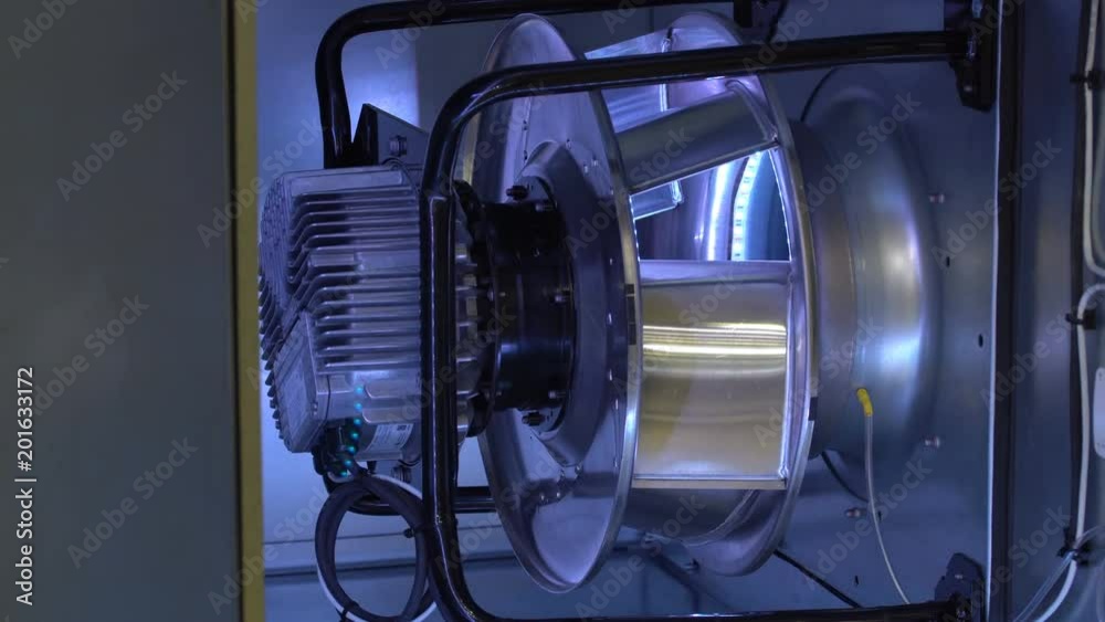 4K footage of air handling unit with direct-driven supply air and extract air fans with colorful led lighting