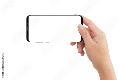 Isolated human right hand holding black mobile white display smartphone