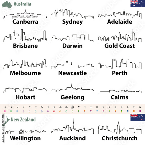 Australia and New Zealand cities skylines vector outline icons
