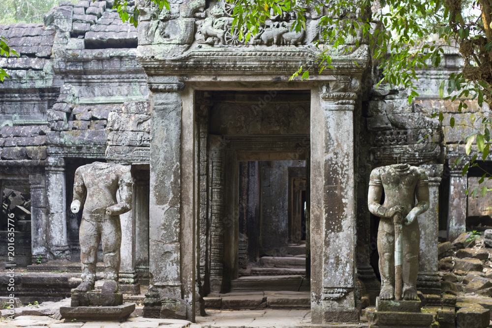 Ancient ruins of Preah Khan temple with stone carving, Siem Reap, Cambodia.