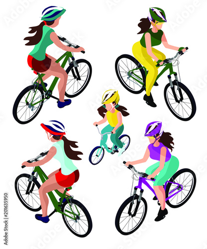 set of girls on a bicycle in different directions. Woman and girl on a bicycle. Isometry 3d