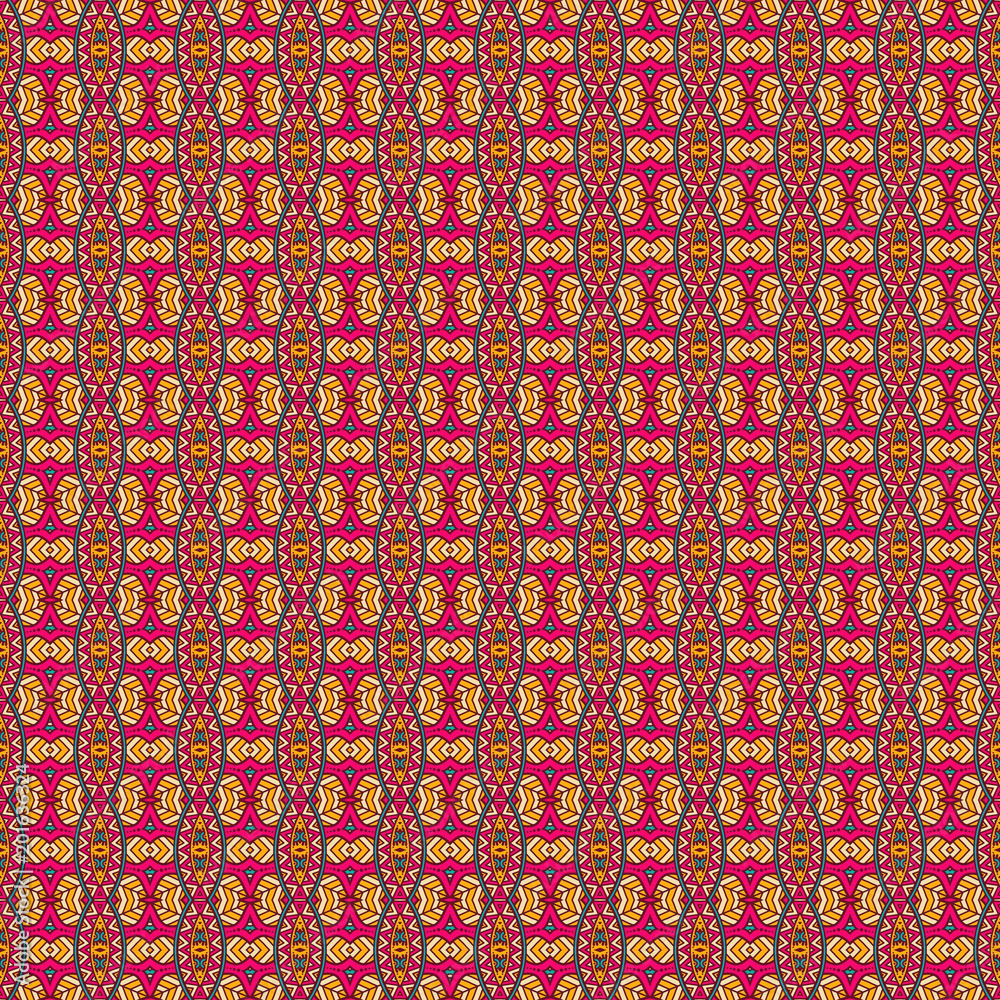 Ethnic geometric pattern in repeat. Fabric print. Seamless background, mosaic ornament, retro style. Ethnic geometric pattern in repeat. Fabric print. Seamless background, mosaic ornament, retro style.