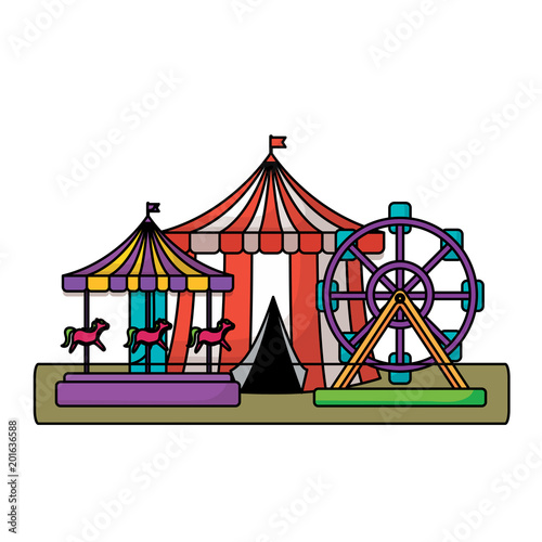circus carnival design with circus tent with carousel and ferris wheel over white background, colorful design. vector illustration