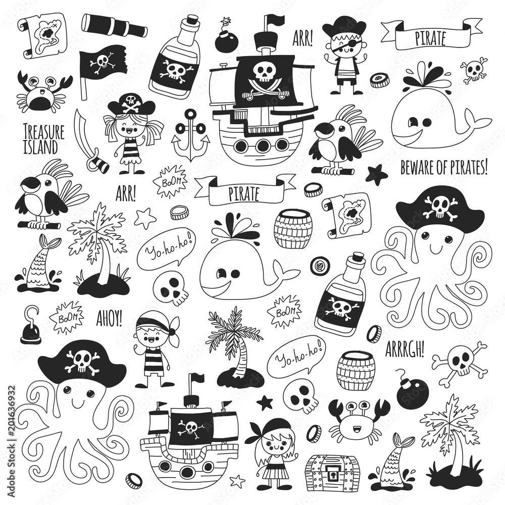 Obraz premium Pirate adventures. Vector icons for kids party. Boys and girls, small kindergarten children. Ship, parrots, treasure chest, octopus, crab Travel exploration