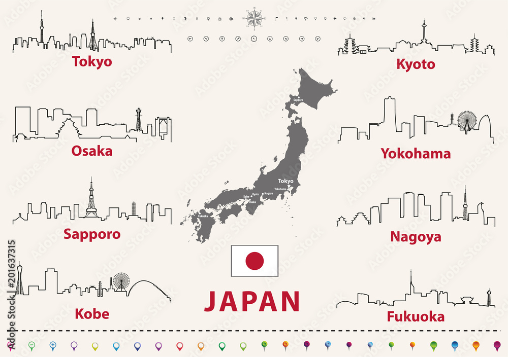 Fototapeta premium vector outline icons of Japan cities skylines with japanese flag and map